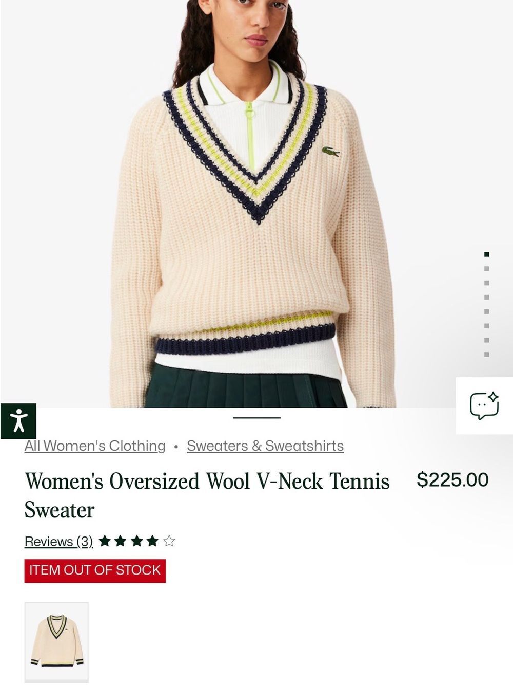 Vintage Lacoste Women's Oversized Wool V-Neck Tennis Sweater - navy green trim